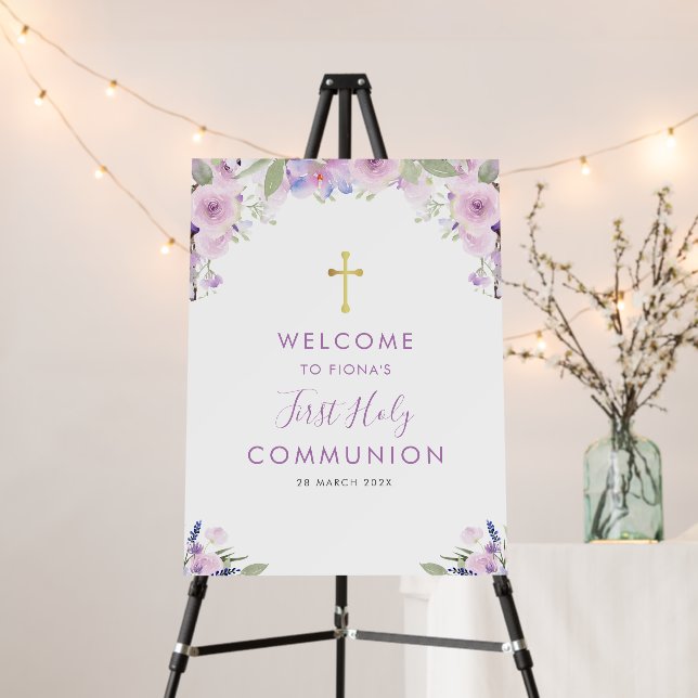 purple floral first communion welcome sign (In Situ (Stand))