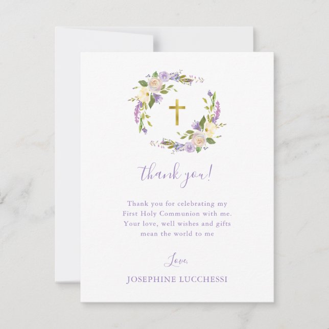 Purple Floral First Holy Communion Custom  Note Card (Front)