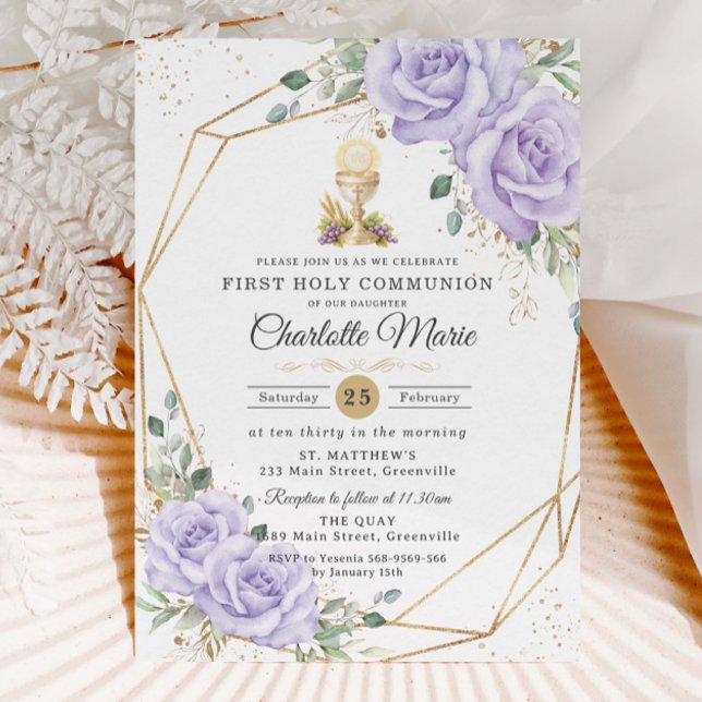 Purple Floral First Holy Communion Gold Chalice Invitation (Creator Uploaded)