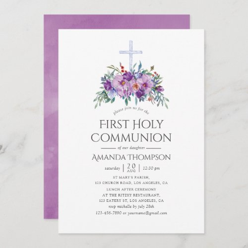 Purple Floral First Holy Communion Invitation
