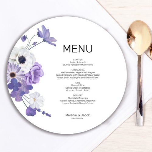 Purple Floral Flat Circle Menu Card