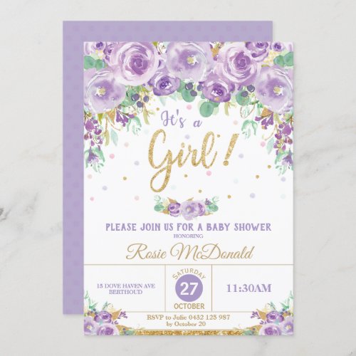 Purple Floral Flowers Baby Shower Its a Girl Invitation