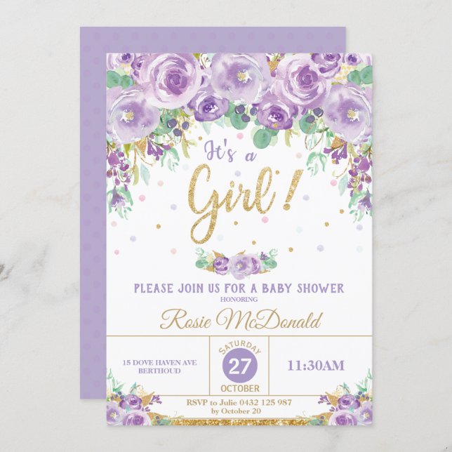 Purple Floral Flowers Baby Shower It's a Girl Invitation (Front/Back)