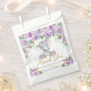 Purple Floral Flowers Cute Elephant Baby Shower Favor Bag