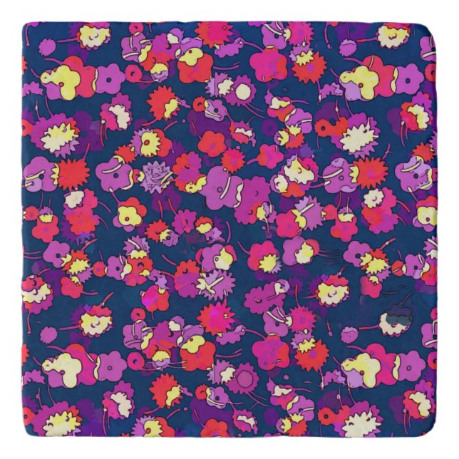 Purple Floral Flowers Marble Trivet (Front)