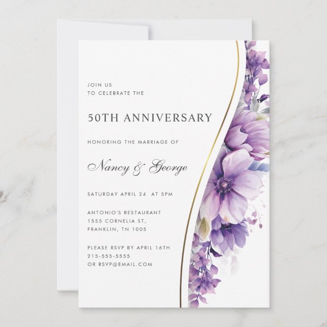 Purple Floral Foliage 50th Wedding Anniversary Invitation (Front)