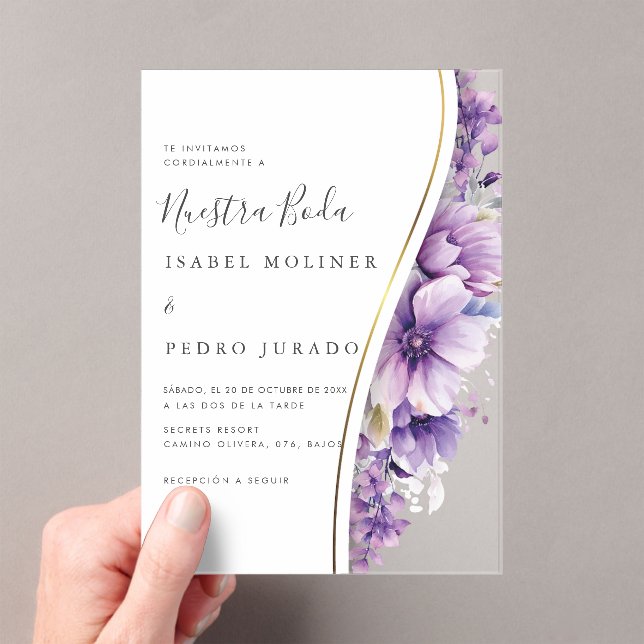 Purple Floral Foliage Nuestra Boda Spanish Wedding Acrylic Invitations (Insitu (Handheld))