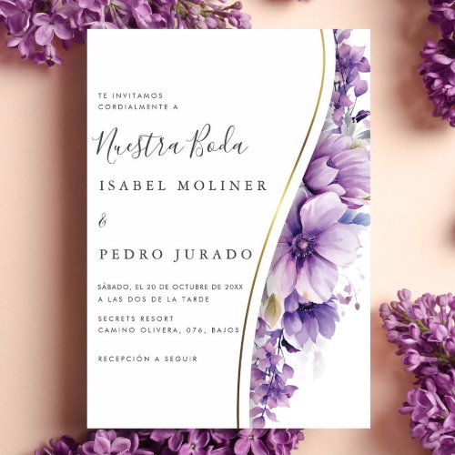 Purple Floral Foliage Nuestra Boda Spanish Wedding Invitation