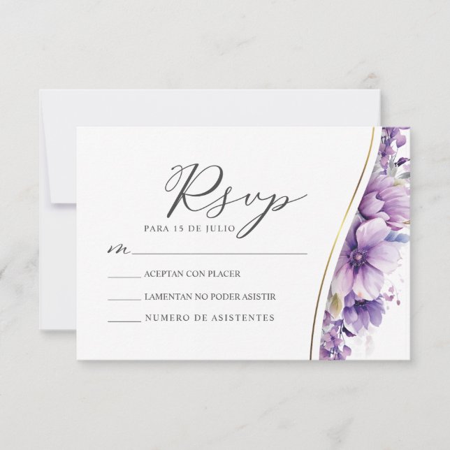 Purple Floral Foliage Nuestra Boda Wedding RSVP Invitation (Front)