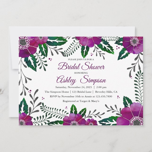 Purple floral frame bridal shower invitation (Front)