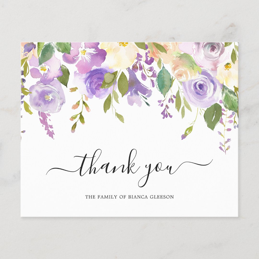 Purple Floral Funeral Budget Thank You Card | Zazzle