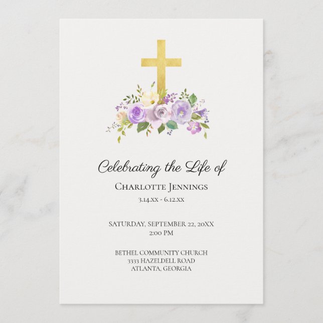 Purple Floral Funeral Memorial Celebration of Life Program (Front)