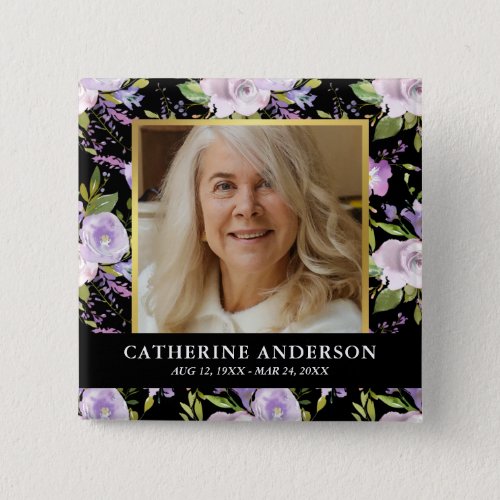Purple Floral Funeral Memorial Photo Button
