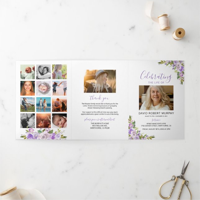Purple Floral Funeral Memorial Program (Outside)