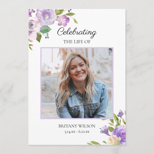 Purple Floral Funeral Obituary Order of Service Program (Front)