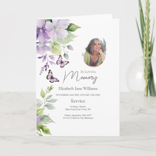 Purple Floral Funeral Order of Service 4 Photo  Card