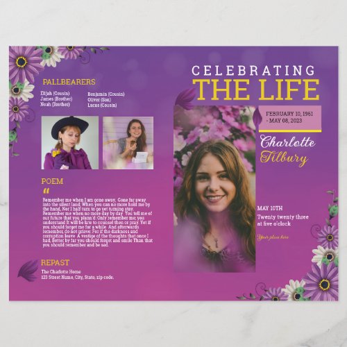 Purple Floral Funeral Program Template