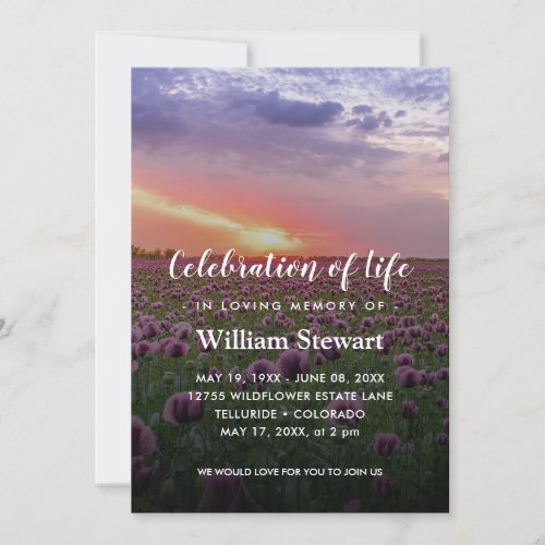 Purple Floral Funeral  Sunset Celebration of Life Invitation