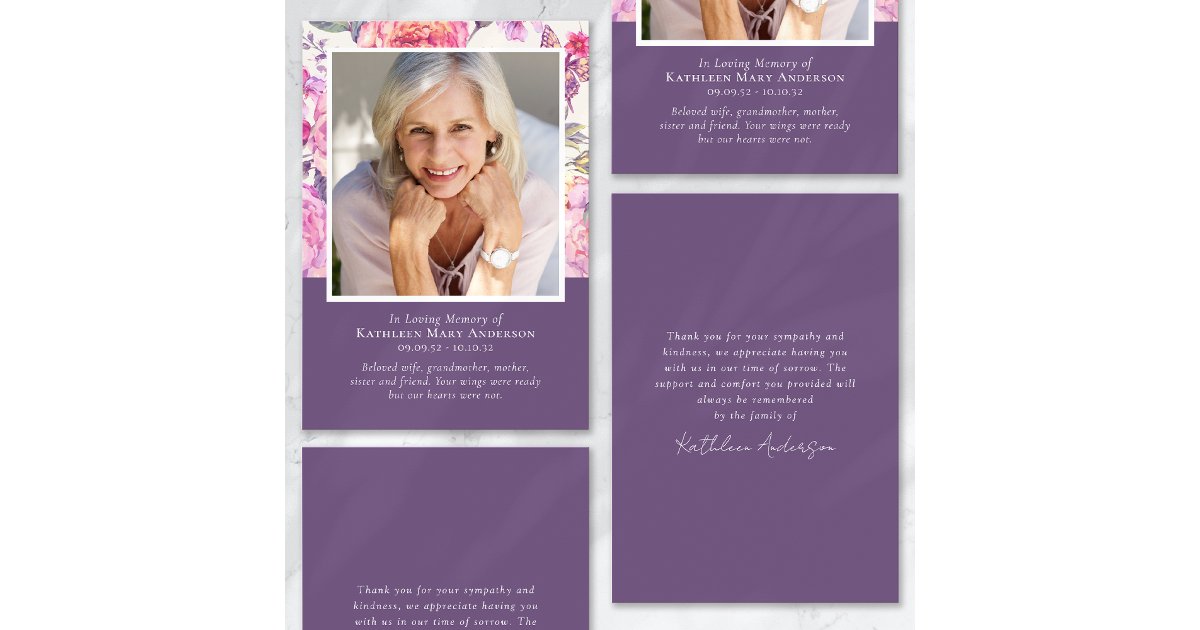 Purple Floral Funeral Sympathy Thank You Card | Zazzle