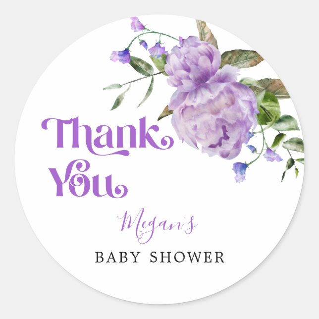 Purple Floral Garden Baby Shower Favor Classic Round Sticker (Front)