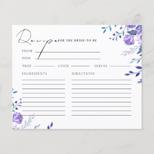 Purple Floral Garden Bridal Shower Recipe Card