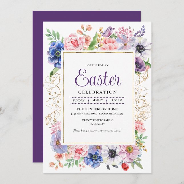 Purple Floral Garden Easter Celebration Invitation (Front/Back)
