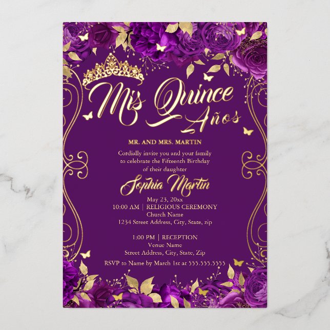 Purple Floral Garden Gold Mis Quince Quinceanera  Foil Invitation (Front)
