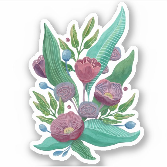 Purple floral garden. Painted botanical flowers Sticker (Front)