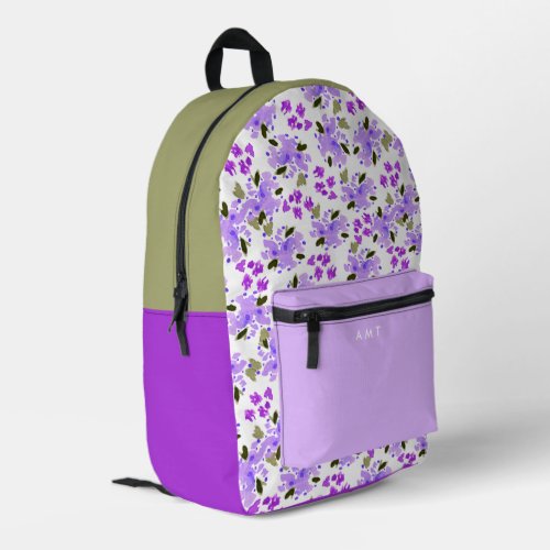 Purple Floral Garden Personalized Name Initial Printed Backpack