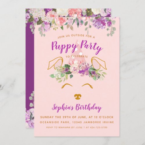 Purple Floral Garden Puppy Party Birthday Gold Invitation