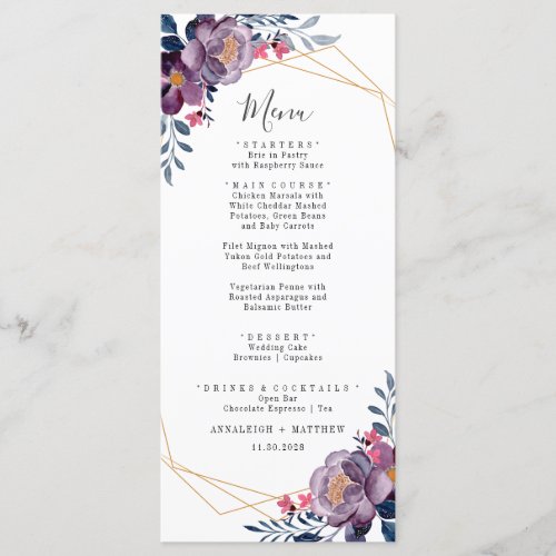 Purple Floral Geometric Botanical Modern Wedding Menu