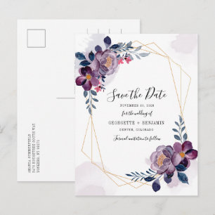 Purple Floral Geometric Botanical Save the Date Announcement Postcard