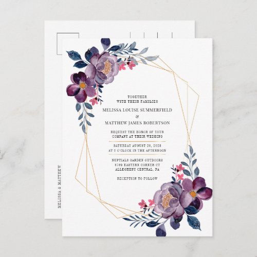 Purple Floral Geometric Botanical Wedding Invitation Postcard
