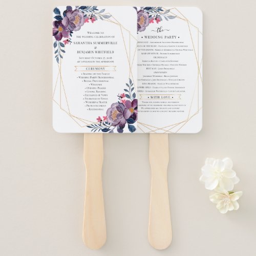 Purple Floral Geometric Botanical Wedding Program Hand Fan