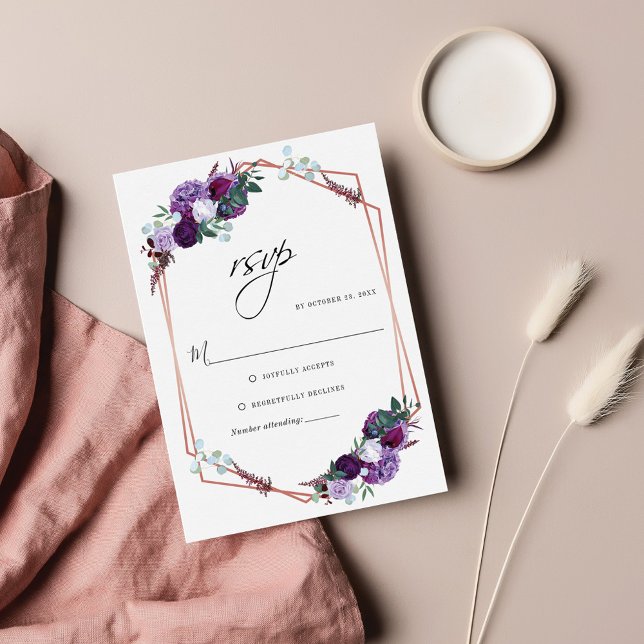Purple Floral Geometric Botanical Wedding RSVP Card (Creator Uploaded)