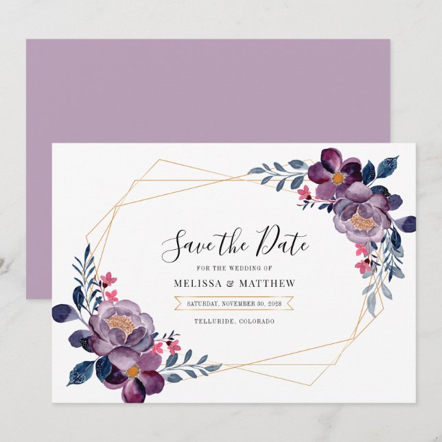 Purple Floral Geometric Botanical Wedding Save The Date