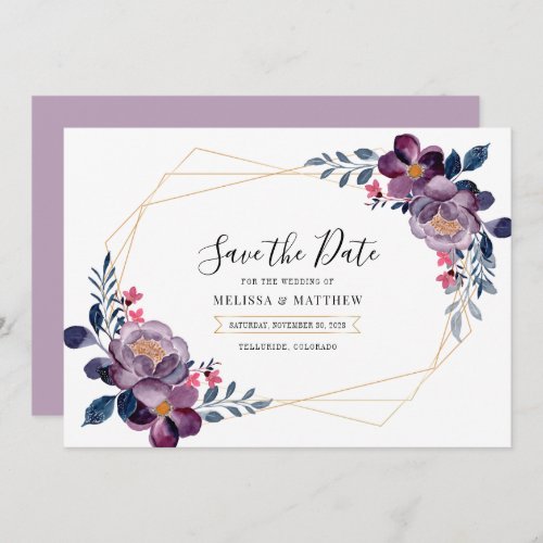 Purple Floral Geometric Botanical Wedding Save The Date