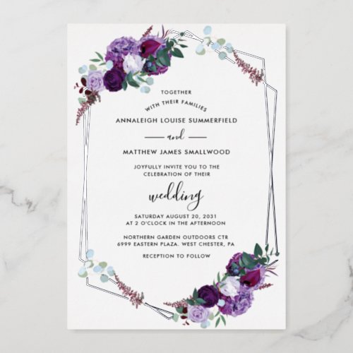 Purple Floral Geometric Foliage Wedding Silver Foil Invitation