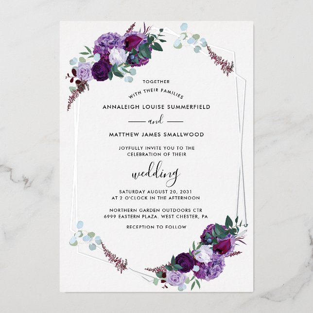 Purple Floral Geometric Foliage Wedding Silver Foil Invitation (Front)