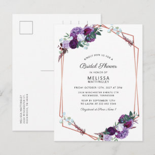 Purple Floral Geometric Frame Bridal Shower Invitation Postcard