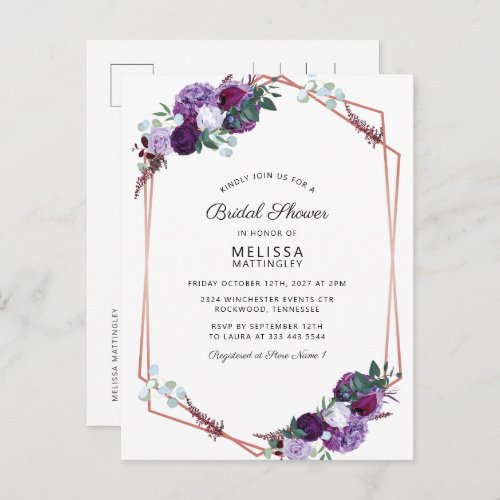 Purple Floral Geometric Frame Bridal Shower Invitation Postcard