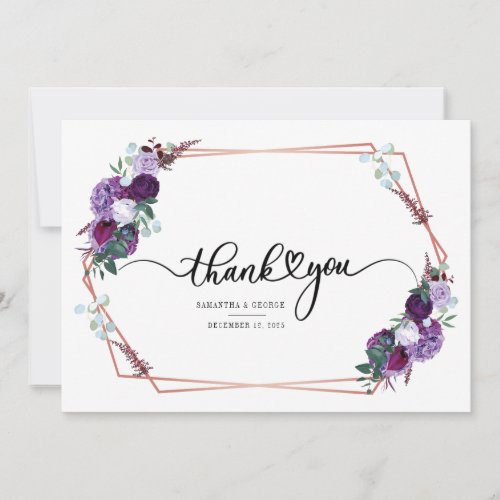 Purple Floral Geometric Frame Rustic Thank You Card