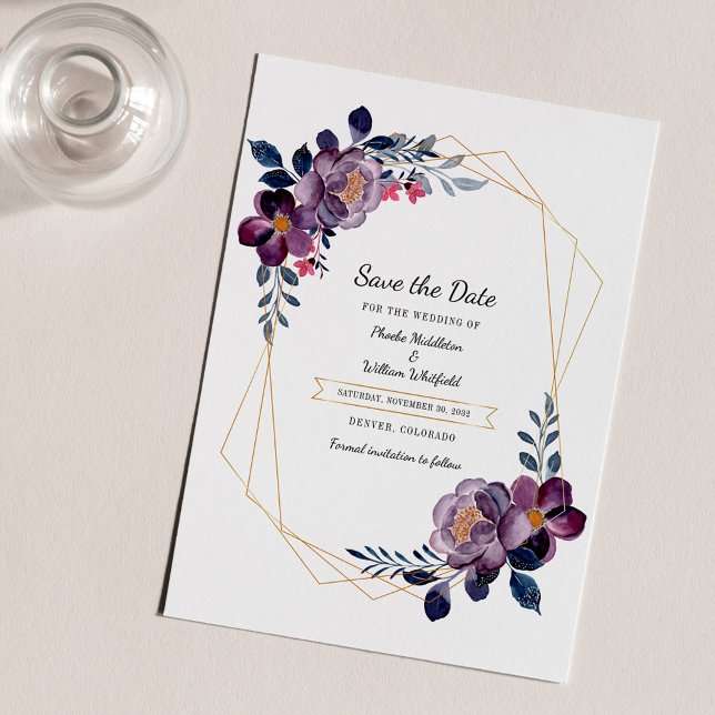 Purple Floral Geometric Frame Save The Date Flyer (Purple Floral Watercolor Geometric Save the Date Flyer)