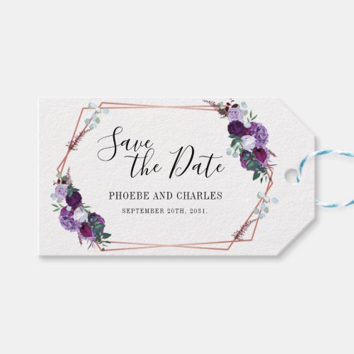 Purple Floral Geometric Frame Save The Date Tag