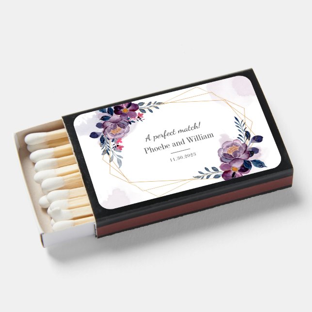 Purple Floral Geometric Frame Wedding Favor Matchboxes (Front Open)