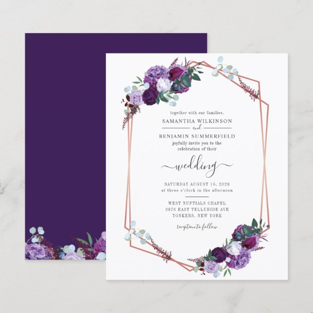 Purple Floral Geometric Frame Wedding Invitation (Front/Back)