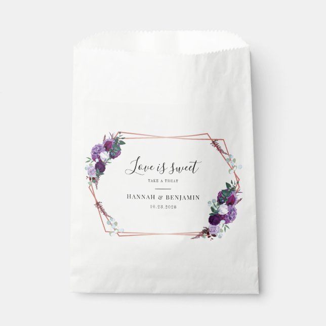 Purple Floral Geometric Frame Wedding Reception Favor Bag (Front)