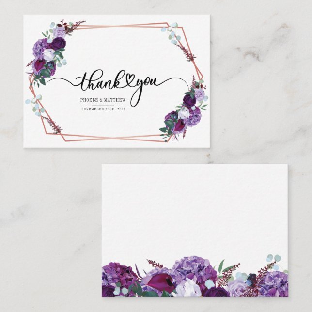 Purple Floral Geometric Gold Frame Thank You Card (Front/Back)