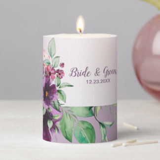 Purple Floral Geometric Greenery Bridal Pillar Candle
