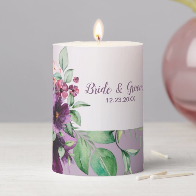 Purple Floral Geometric Greenery Bridal Pillar Candle (In Situ)